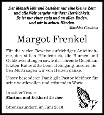 Traueranzeige von Margot Frenkel von Mitteldeutsche Zeitung Bernburg