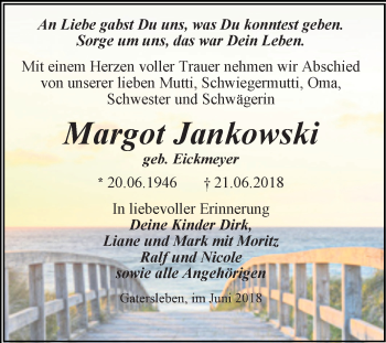 Traueranzeige von Margot Jankowski von Mitteldeutsche Zeitung Aschersleben