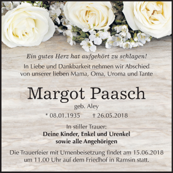 Traueranzeige von Margot Paasch von Mitteldeutsche Zeitung Bitterfeld