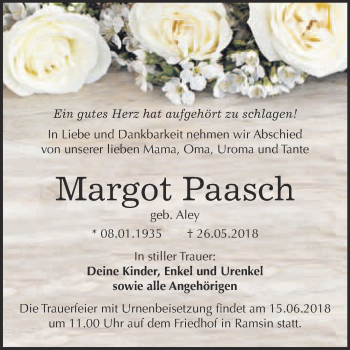 Traueranzeige von Margot Paasch von WVG - Wochenspiegel Bitterfeld