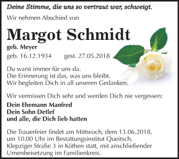 Traueranzeige von Margot Schmidt von Mitteldeutsche Zeitung Köthen