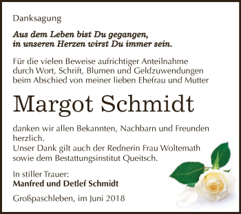 Traueranzeige von Margot Schmidt von WVG - Wochenspiegel Dessau / Köthen