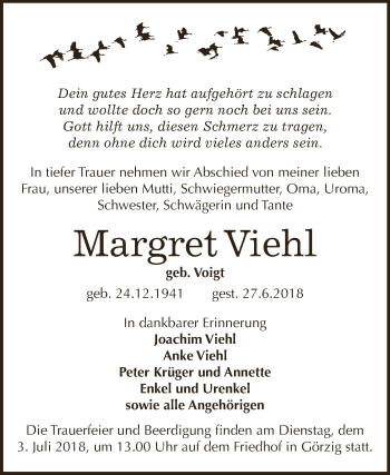 Traueranzeige von Margret Viehl von WVG - Wochenspiegel Dessau / Köthen