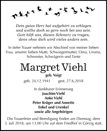Traueranzeige von Margret Viehl von Mitteldeutsche Zeitung Köthen