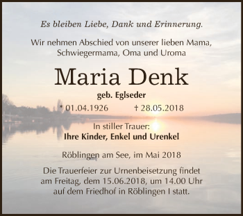 Traueranzeige von Maria Denk von Super Sonntag SGH Mansf. Land