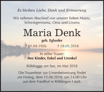 Traueranzeige von Maria Denk von Mitteldeutsche Zeitung