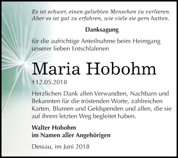 Traueranzeige von Maria Hobohm von WVG - Wochenspiegel Bitterfeld