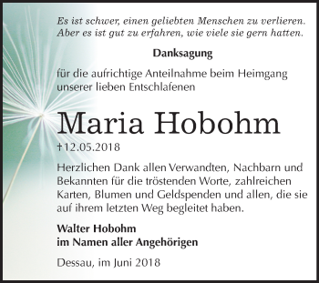 Traueranzeige von Maria Hobohm von Mitteldeutsche Zeitung Dessau-Roßlau