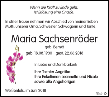 Traueranzeige von Maria Sachsenräder von Mitteldeutsche Zeitung Weißenfels