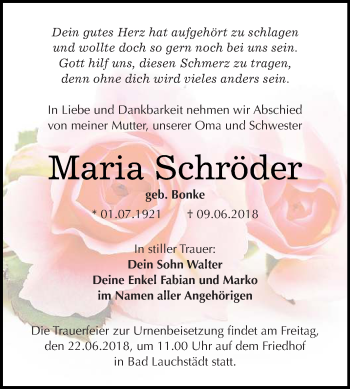 Traueranzeige von Maria Schröder von WVG - Wochenspiegel Merseburg