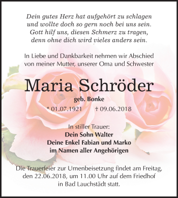 Traueranzeige von Maria Schröder von Mitteldeutsche Zeitung Weißenfels