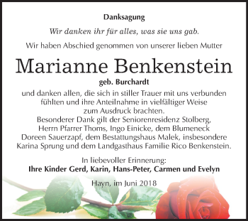 Traueranzeige von Marianne Benkenstein von Mitteldeutsche Zeitung