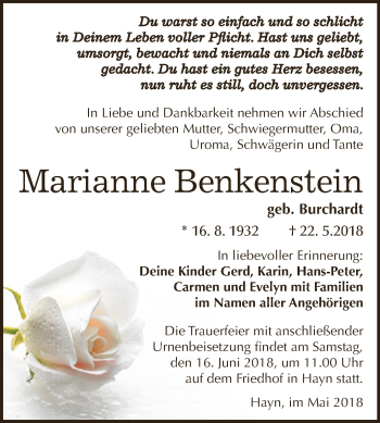 Traueranzeige von Marianne Benkenstein von Super Sonntag SGH Mansf. Land