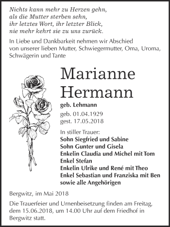 Traueranzeige von Marianne Hermann von WVG - Wochenspiegel Wittenberg