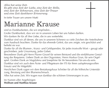 Traueranzeige von Marianne Krause von WVG - Wochenspiegel Bitterfeld