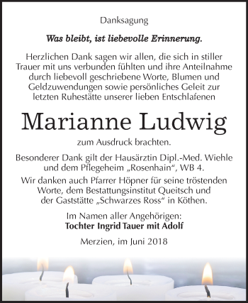 Traueranzeige von Marianne Ludwig von Mitteldeutsche Zeitung Köthen