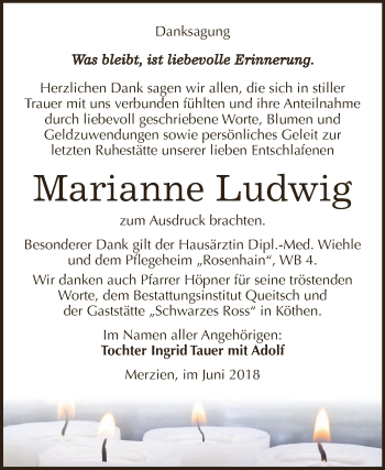 Traueranzeige von Marianne Ludwig von WVG - Wochenspiegel Dessau / Köthen