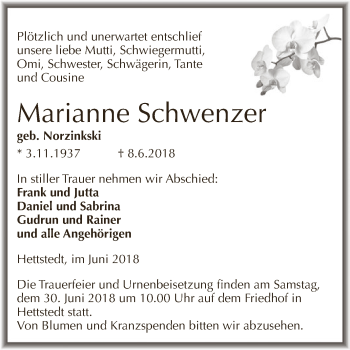 Traueranzeige von Marianne Schwenzer von Wochenspiegel Mansfelder Land