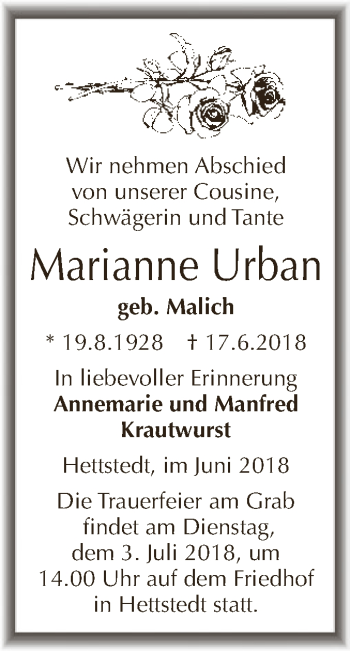 Traueranzeige von Marianne Urban von Wochenspiegel Mansfelder Land