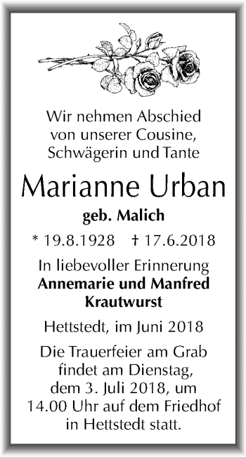 Traueranzeige von Marianne Urban von Mitteldeutsche Zeitung