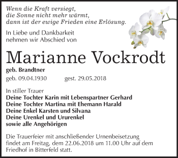 Traueranzeige von Marianne Vockrodt von Mitteldeutsche Zeitung Bitterfeld