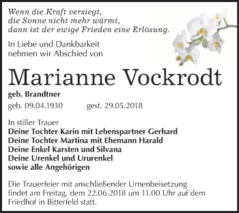 Traueranzeige von Marianne Vockrodt von WVG - Wochenspiegel Bitterfeld