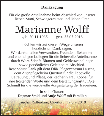 Traueranzeige von Marianne Wolff von Mitteldeutsche Zeitung