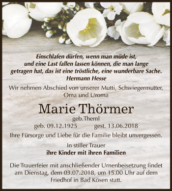 Traueranzeige von Marie Thörmer von WVG - Wochenspiegel NMB / WSF / ZTZ