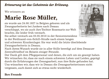 Traueranzeige von Marie Rose Müller von WVG - Wochenspiegel Dessau / Köthen