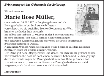 Traueranzeige von Marie Rose Müller von Mitteldeutsche Zeitung Dessau-Roßlau