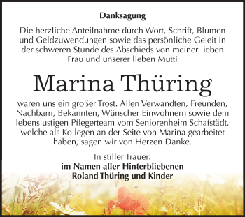 Traueranzeige von Marina Thüring von Mitteldeutsche Zeitung
