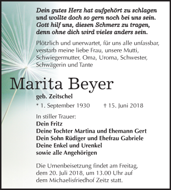 Traueranzeige von Marita Beyer von Mitteldeutsche Zeitung