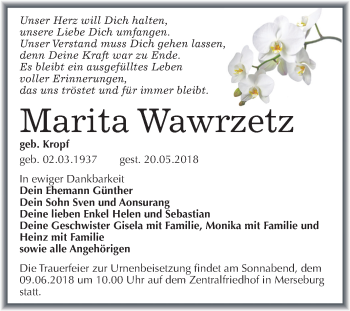 Traueranzeige von Marita Wawrzetz von Mitteldeutsche Zeitung Merseburg/Querfurt