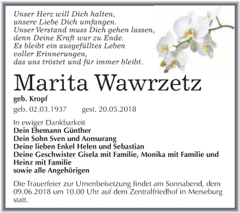 Traueranzeige von Marita Wawrzetz von WVG - Wochenspiegel Merseburg