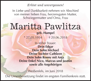 Traueranzeige von Maritta Pawlitza von Mitteldeutsche Zeitung Weißenfels