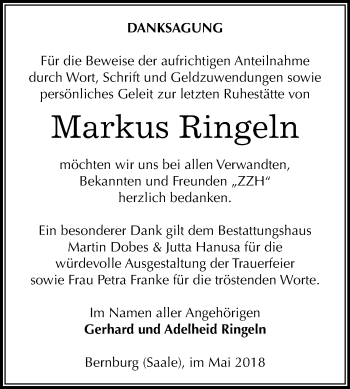 Traueranzeige von Markus Ringeln von Mitteldeutsche Zeitung Bernburg