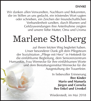 Traueranzeige von Marlene Stolberg von Mitteldeutsche Zeitung