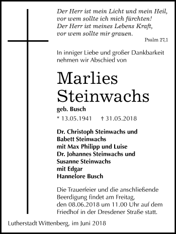 Traueranzeige von Marlies Steinwachs von Mitteldeutsche Zeitung