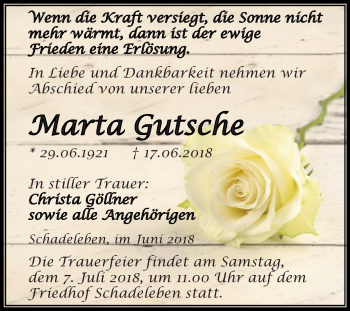 Traueranzeige von Marta Gutsche von Mitteldeutsche Zeitung Aschersleben