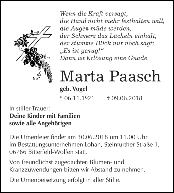 Traueranzeige von Marta Paasch von WVG - Wochenspiegel Bitterfeld