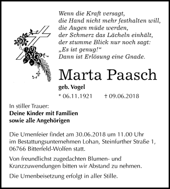 Traueranzeige von Marta Paasch von Mitteldeutsche Zeitung