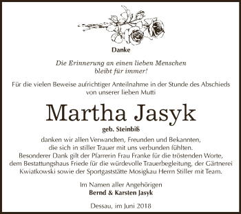 Traueranzeige von Martha Jasyk von WVG - Wochenspiegel Dessau / Köthen