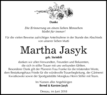 Traueranzeige von Martha Jasyk von Mitteldeutsche Zeitung