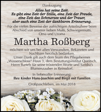 Traueranzeige von Martha Roßberg von Mitteldeutsche Zeitung Köthen