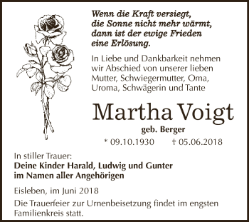 Traueranzeige von Martha Voigt von Wochenspiegel Mansfelder Land