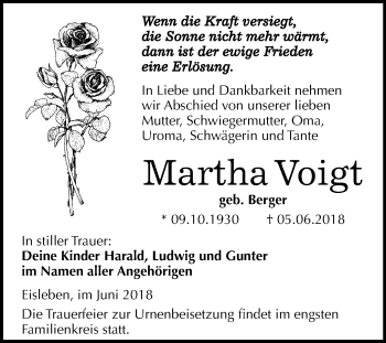 Traueranzeige von Martha Voigt von Mitteldeutsche Zeitung
