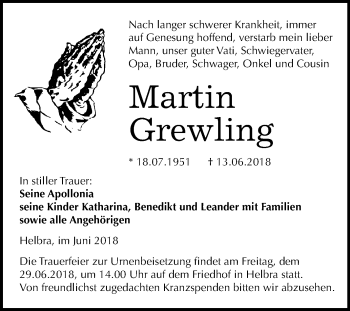 Traueranzeige von Martin Grewling von Mitteldeutsche Zeitung