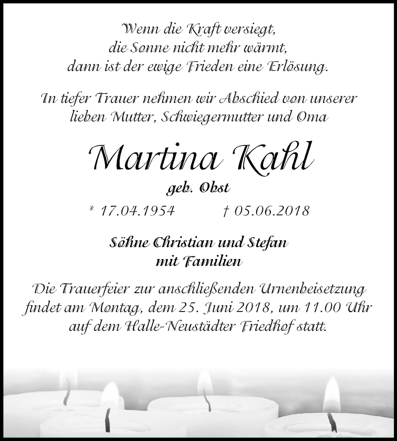  Traueranzeige für Martina Kahl vom 16.06.2018 aus Mitteldeutsche Zeitung Halle/Saalkreis