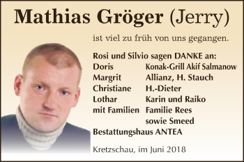 Traueranzeige von Mathias Gröger von Super Sonntag Zeitz