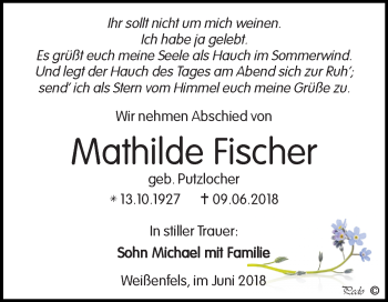 Traueranzeige von Mathilde Fischer von Mitteldeutsche Zeitung Weißenfels
